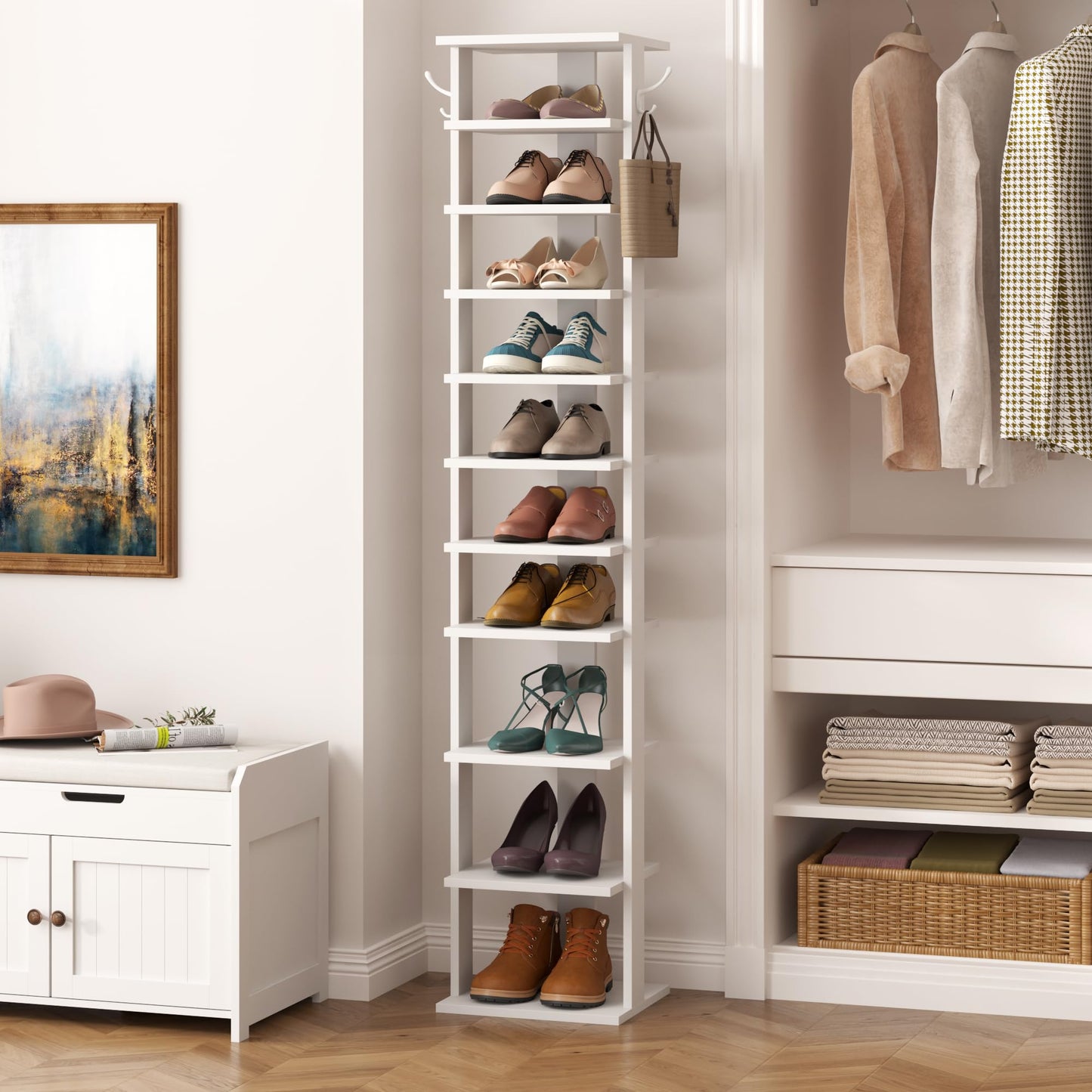 HOME BI 11-Tier Vertical Shoe Rack, Corner Shoe Tower, Slim Shoe Organizer with Two Hanging Hooks, Wooden Shoe Storage Stand for Entryway, Hallway