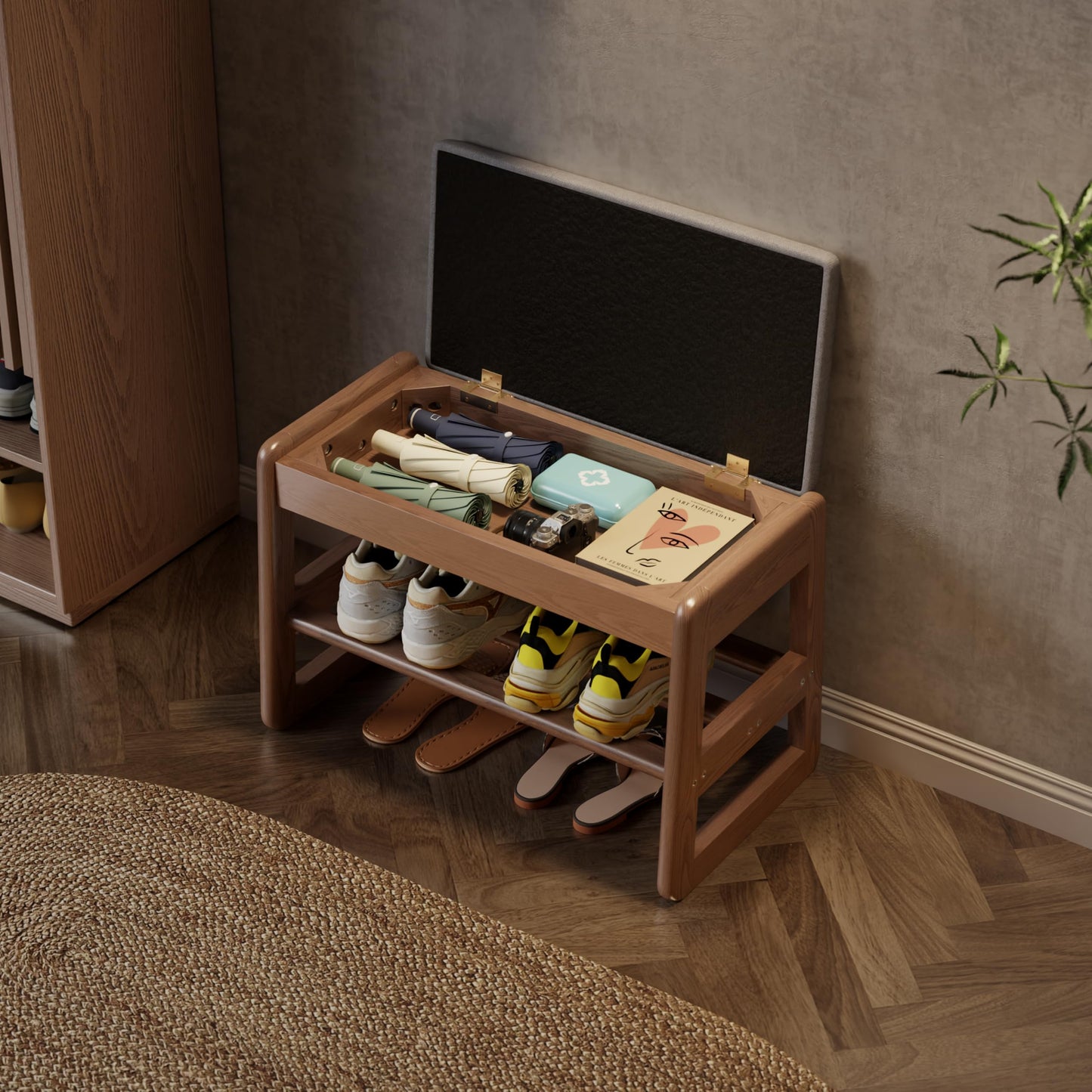 AQIMUELE Small Shoe Bench with Cushion, Shoe Bench Storage with Seat, Wooden Shoe Rack 2-Tier, Hidden Flip-Top Seat, for Hallway, Entryway