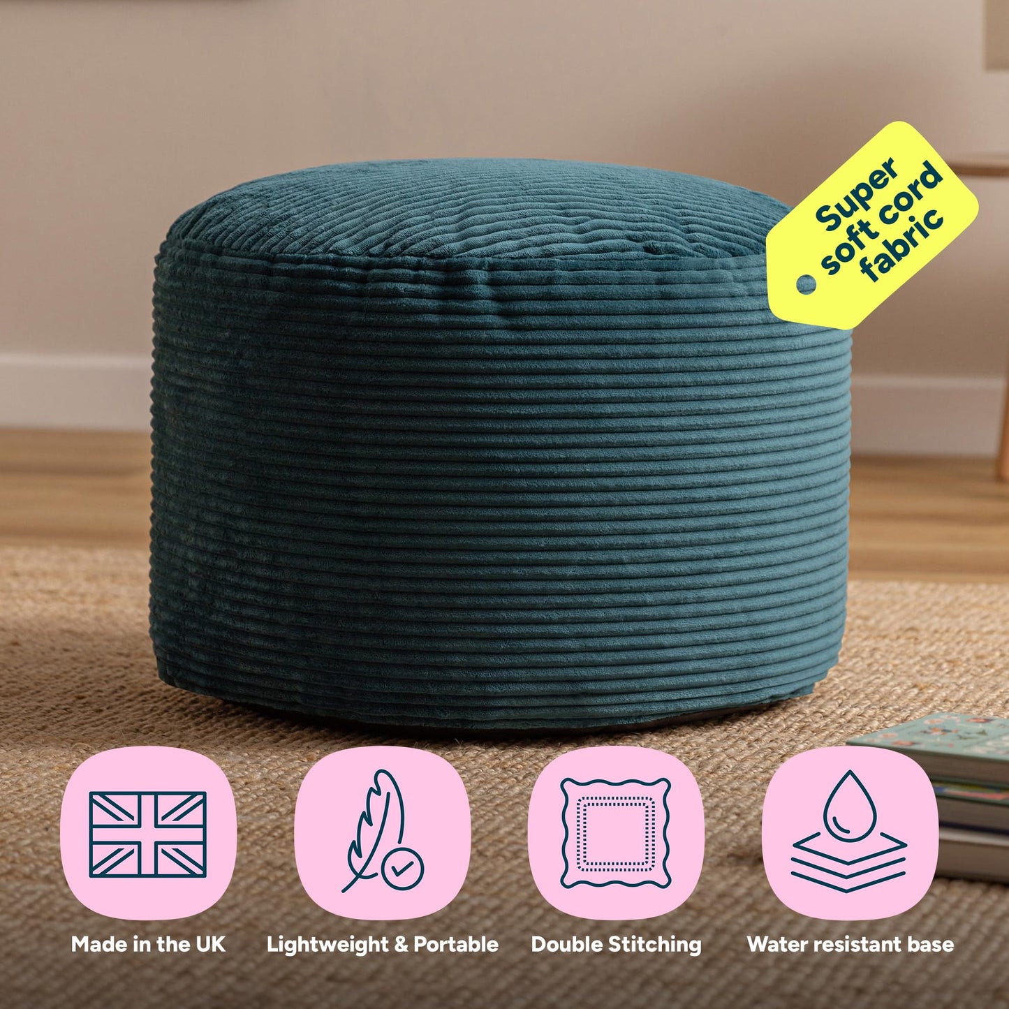 icon Milano Large Cord Bean Bag Footstool with Filling Included, Teal