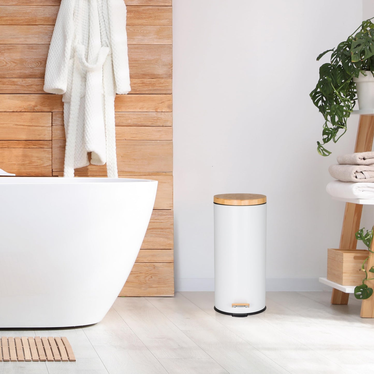 hjh OFFICE waste garbage can 30 liters, pedal bin with bamboo lid, softclose CLEAN BAMBOO metal waste garbage can with inner bin, white matt