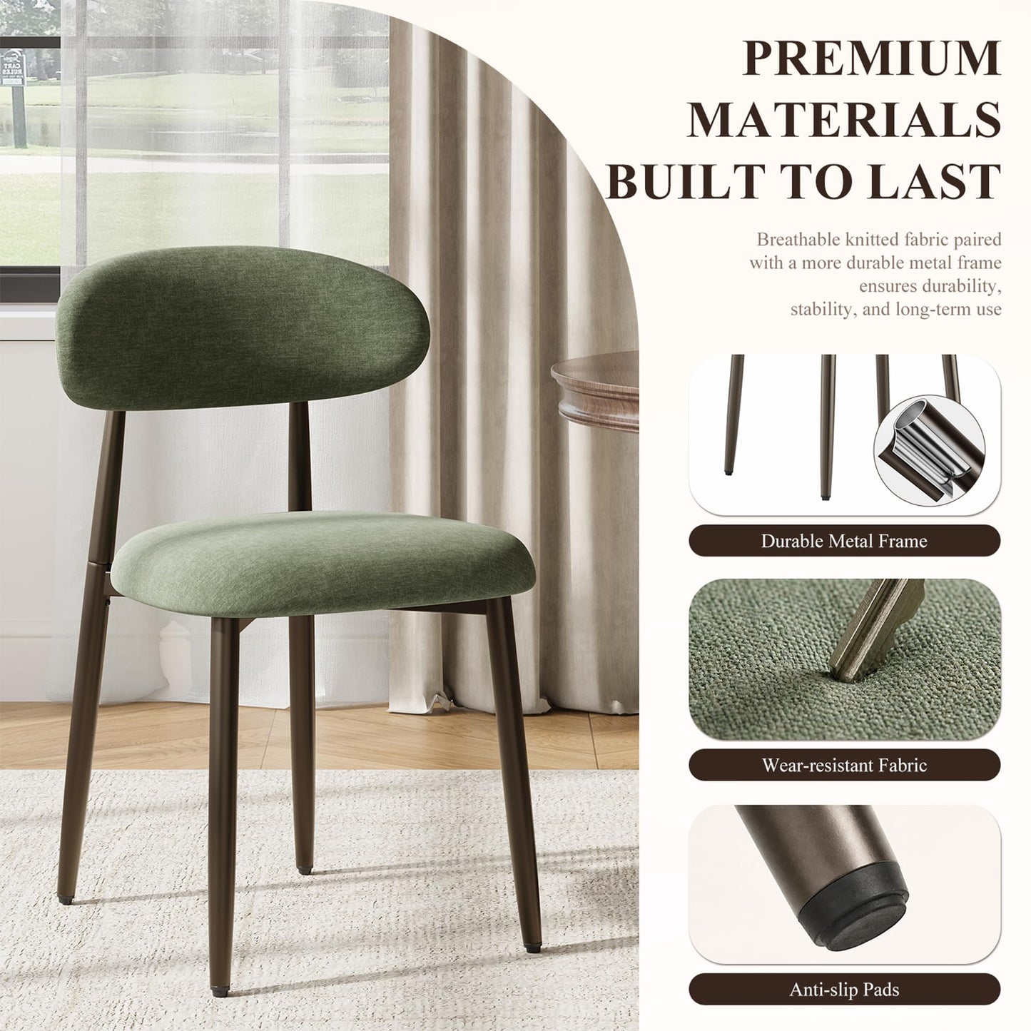 Dining Chairs Set of 6, Upholstered Dining Room Chairs with Ergonomic Curved Backrest, Metal Frame Kitchen Chairs