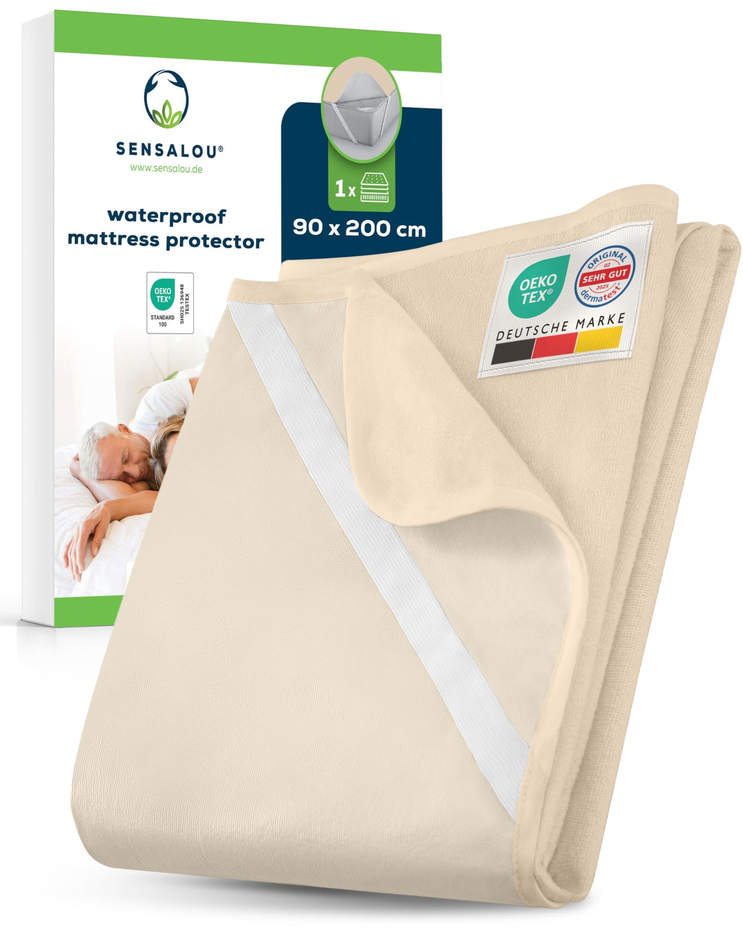 Sensalou Waterproof Mattress Protector 90 x 200 cm Beige – Mattress Cover for Single Bed