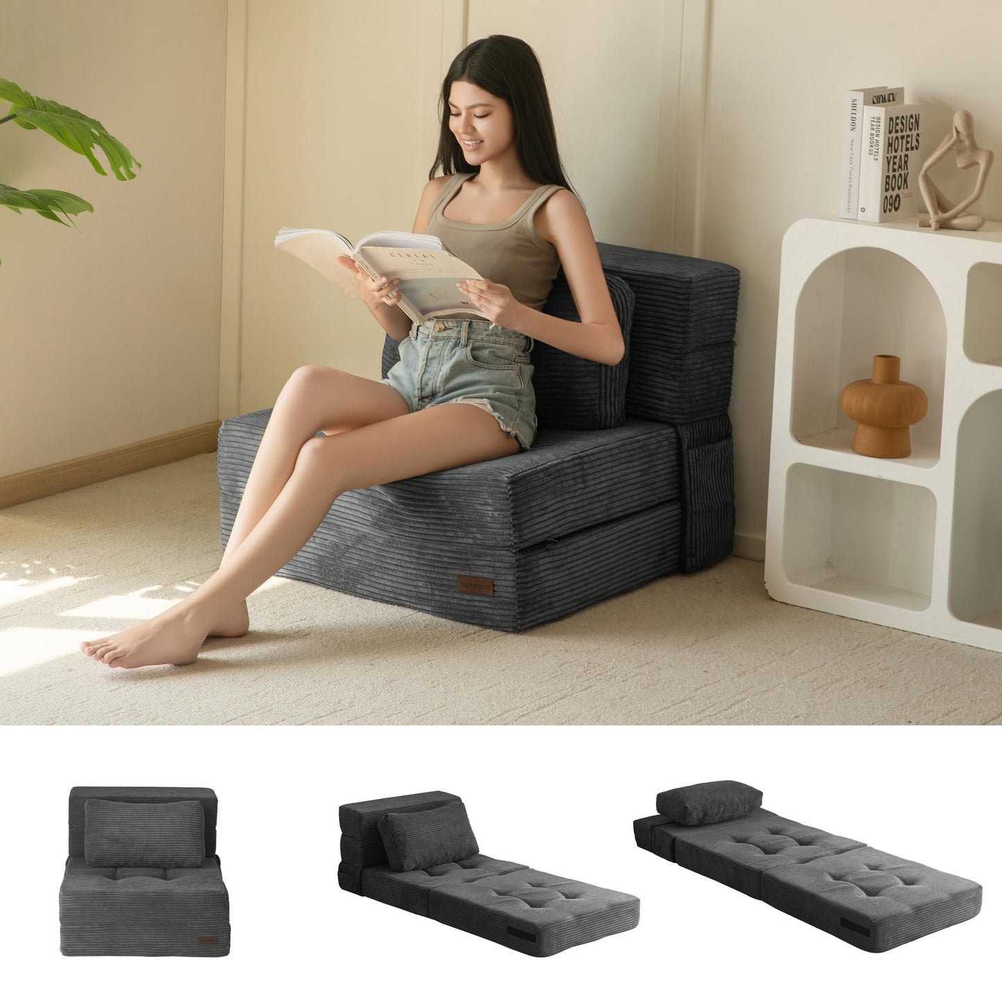 MAXYOYO Folding Foam Sofa Bed, Tri-Fold Mattress with 1 Pillow, Convertible Sofa Chair Futon Z Bed with 15cm Thincken Foam