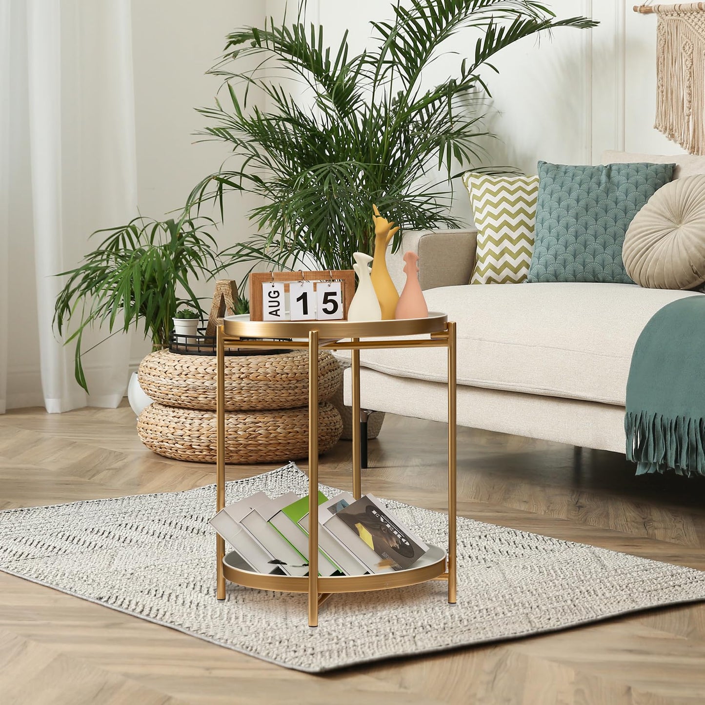 danpinera 2-Tier Gold Side Table, Round End Table, Small Gold Table with Removable Tray, Metal Folding Accent Living Room