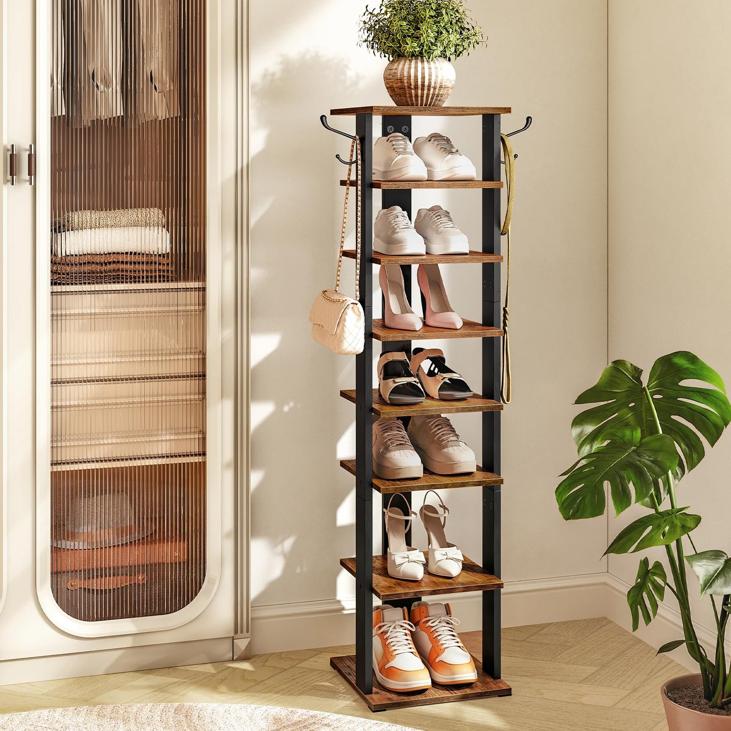 HOOBRO Shoe Rack Wooden, Tall Shoe Rack, Narrow Shoe Storage Organizer with 2 Hooks, Slim Narrow Shelf, Vertical Tower for Entrance, Living Room