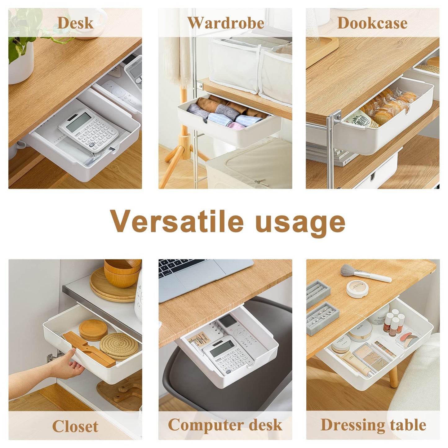 FRETONBA 2 Under Desk Drawer, White Hidden Organizer, Self-adhesive