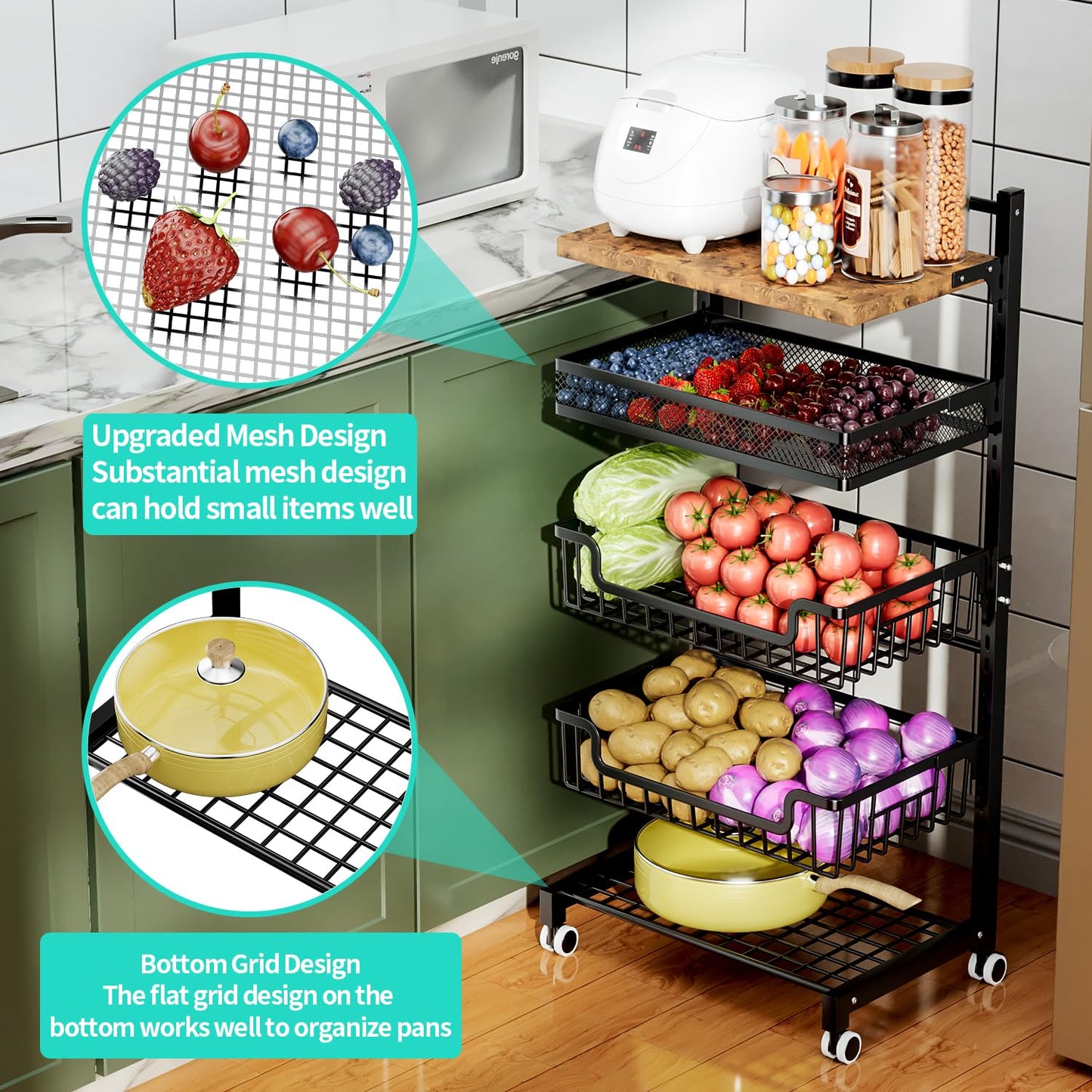 HapiRm Fruit Basket Kitchen Cart - 5 Tier Adjustable Vegetable Storage Rack