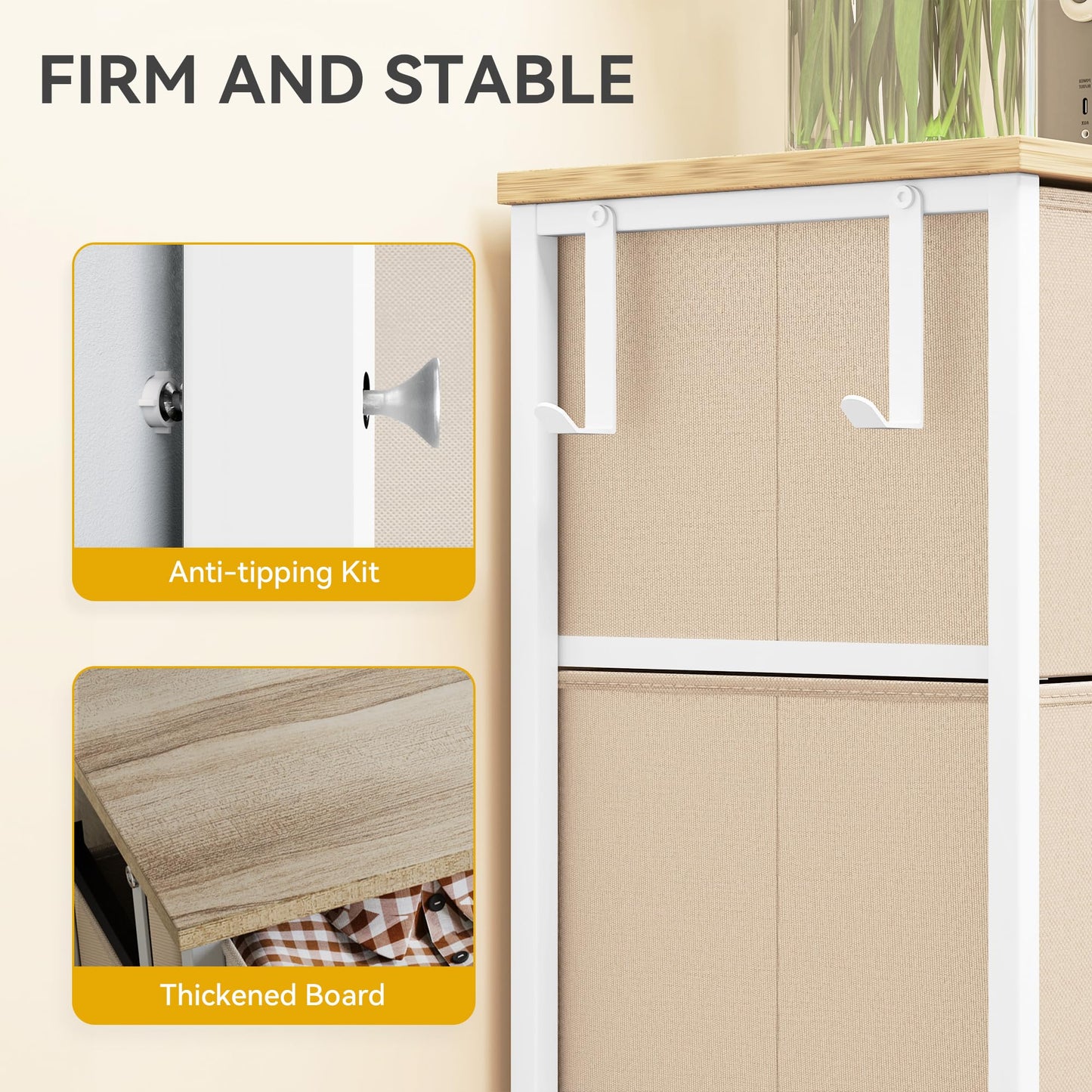 DWVO Narrow Chest of Drawers with 4 Drawers, Fabric Chest Drawers with Side Pocket&Hooks,Easy Pull Handle,Sturdy Steel Frame for Bedroom,Living