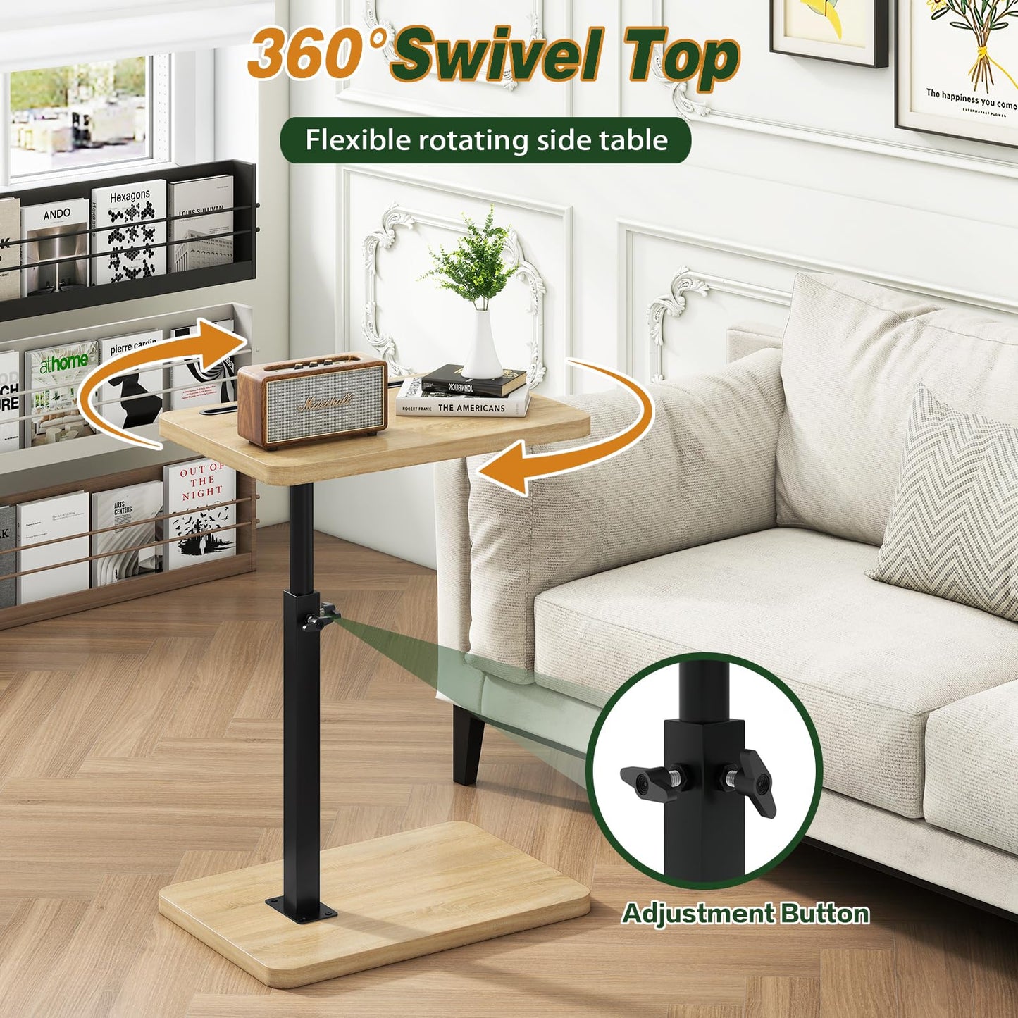 IBUYKE C Shaped Side Table,360° Swivel Height Adjustable,Natural TVT003R
