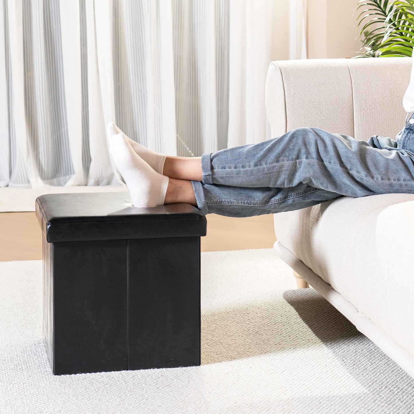 Bonlife Small Ottoman Storage Box with Lid, Foldable Cube Footstool