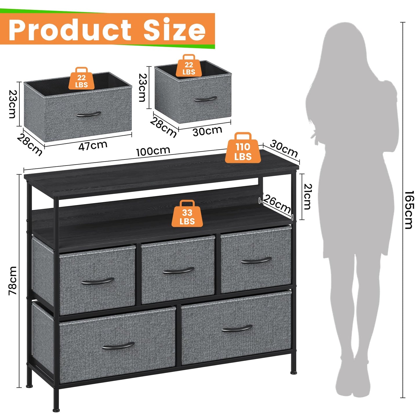 Feonase Chest of Drawers, 5 Drawers Dresser with TV Stand, Metal Frame and MDF Top Board, Adjustable Feet, Storage Unit Ideal for Bedroom