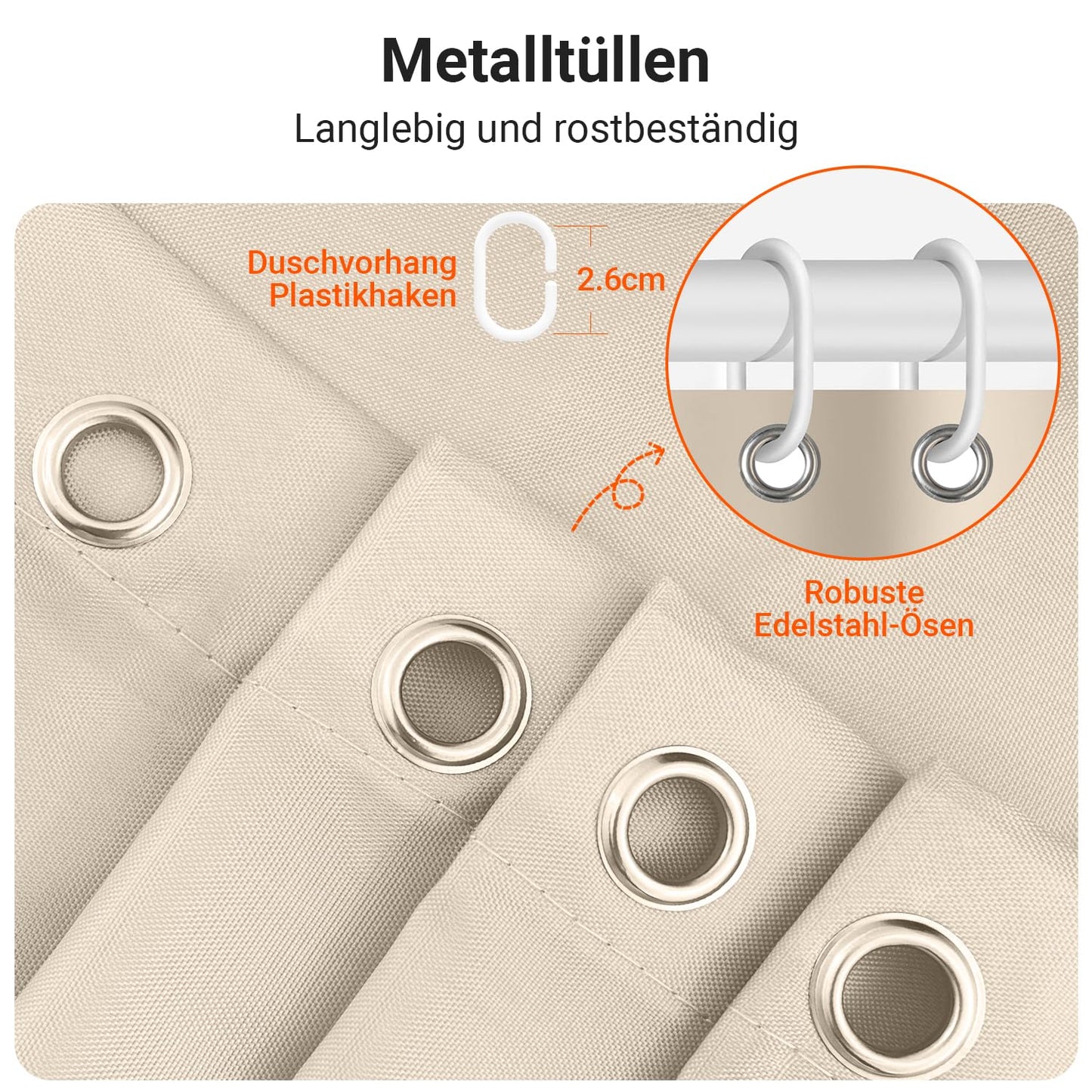Lerores Shower Curtain, 80 x 200 cm, Beige, Weighted Hem, Anti-Mould Textile, Water-Repellent, Washable Polyester Fabric Bath Curtains for Bathroom