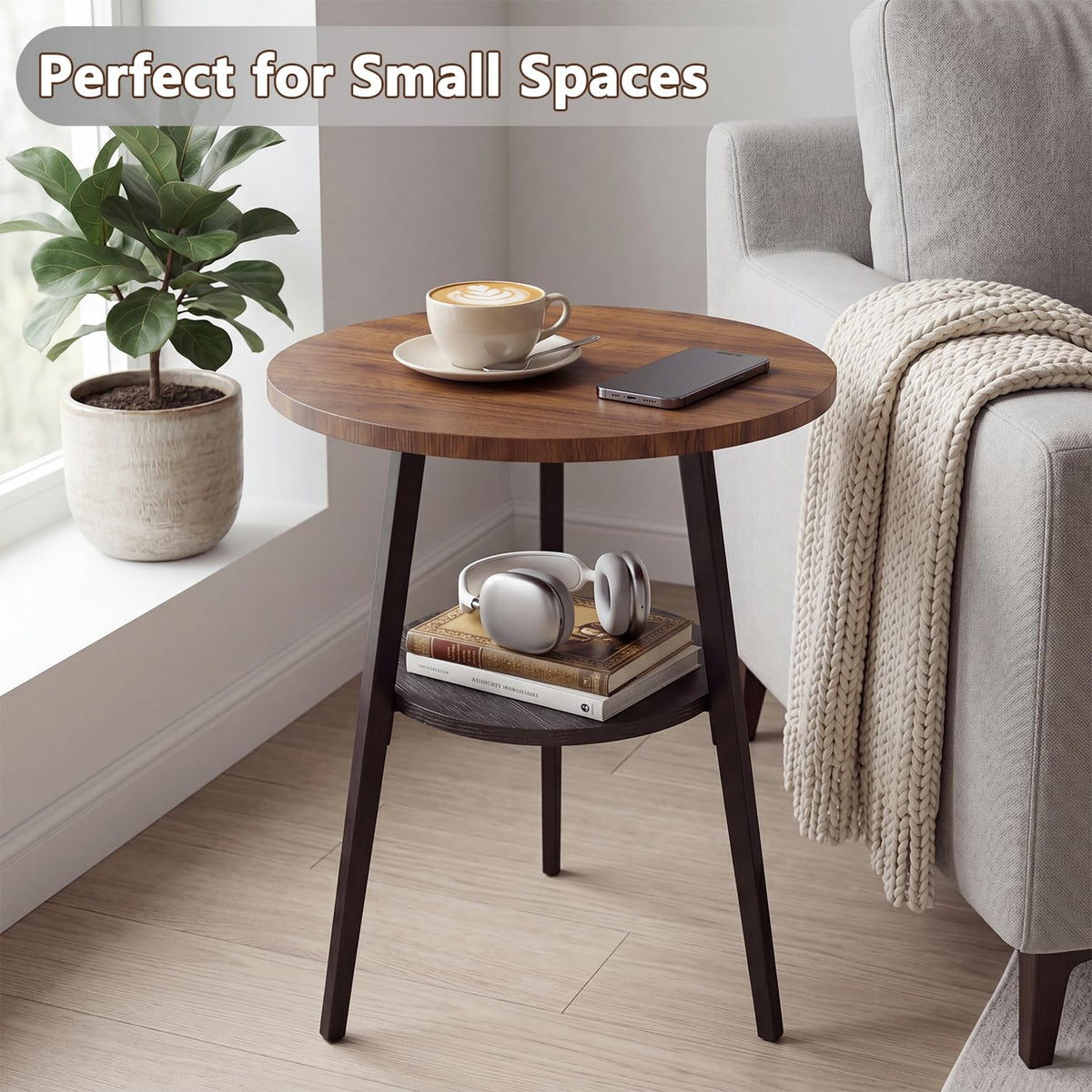 Small Round Side Table, 2-Tier Coffee Table with Storage Shelf