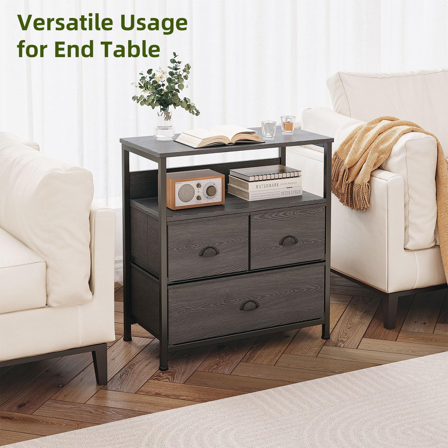 CAIYUN Bedside Table Cabinet with 3 Drawers for Bedroom, Nightstand Sofa Sid with Storage for Living Room, End Table with Metal Frame and Open Shelf