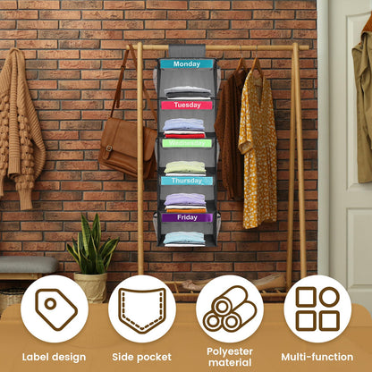 5- Shelf Weekly Clothes Organizer for Kids, Kids Daily Clothes Organiser, Day of Week Clothes Organiser ,Hanging Closet Organizer,Monday Through