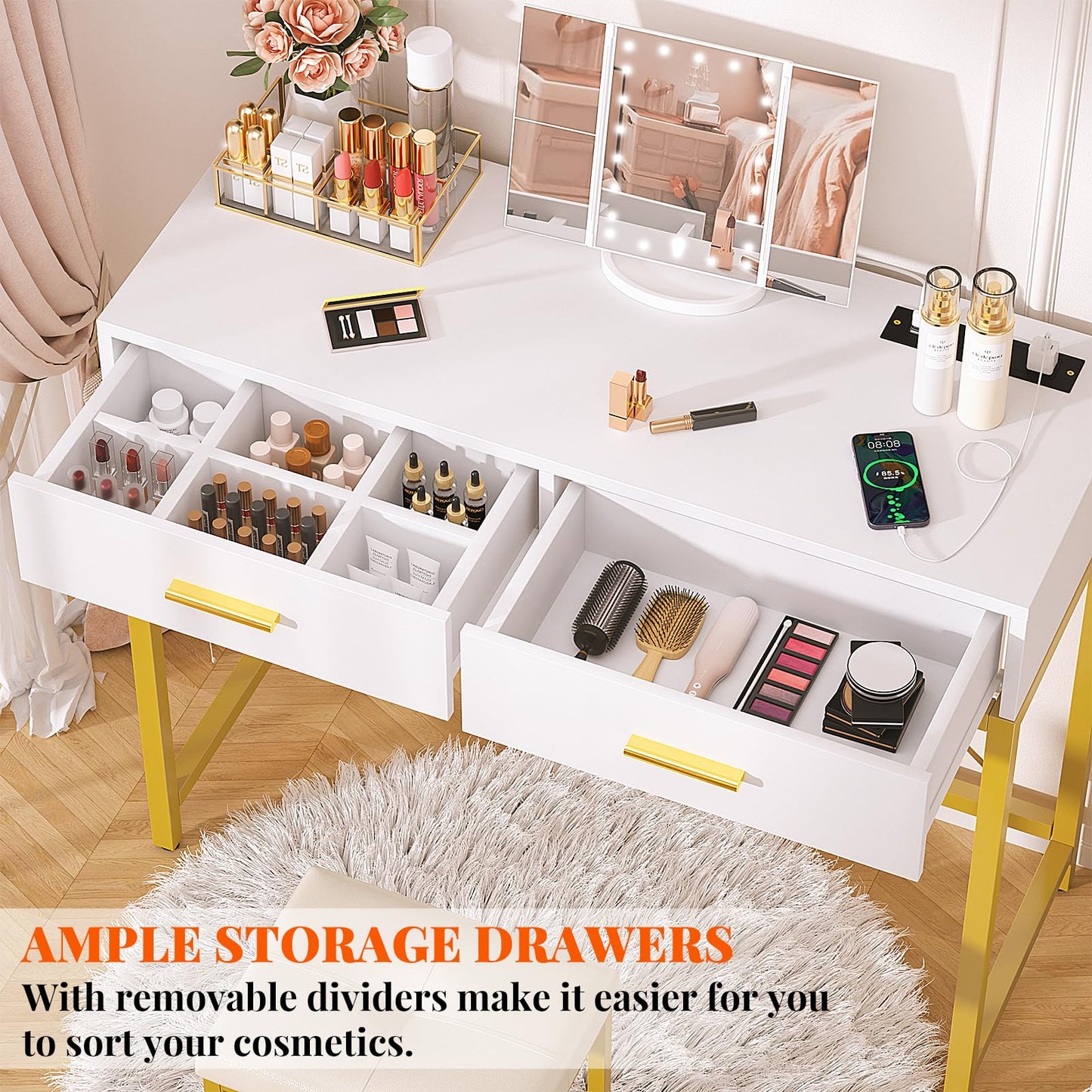 iSunirm 36 Inch Vanity Desk with Mirror and Drawers, Vanity Table and Stool, Dressing Table with Lights and Socket Strip for Bedroom, Gold
