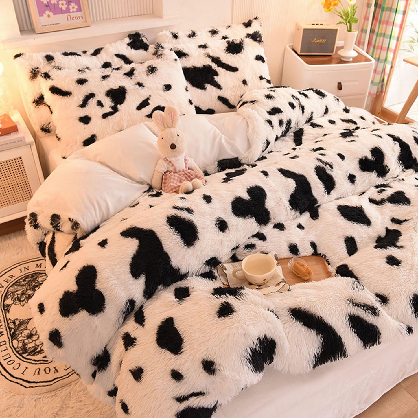 ZIQINPSQ Plush Shaggy Duvet Cover Set,Tie Dye Faux Fur Bedding Set for Teens Girls Soft Velvet Fluffy Fuzzy Comforter Cover Bed Set (Cow, King)