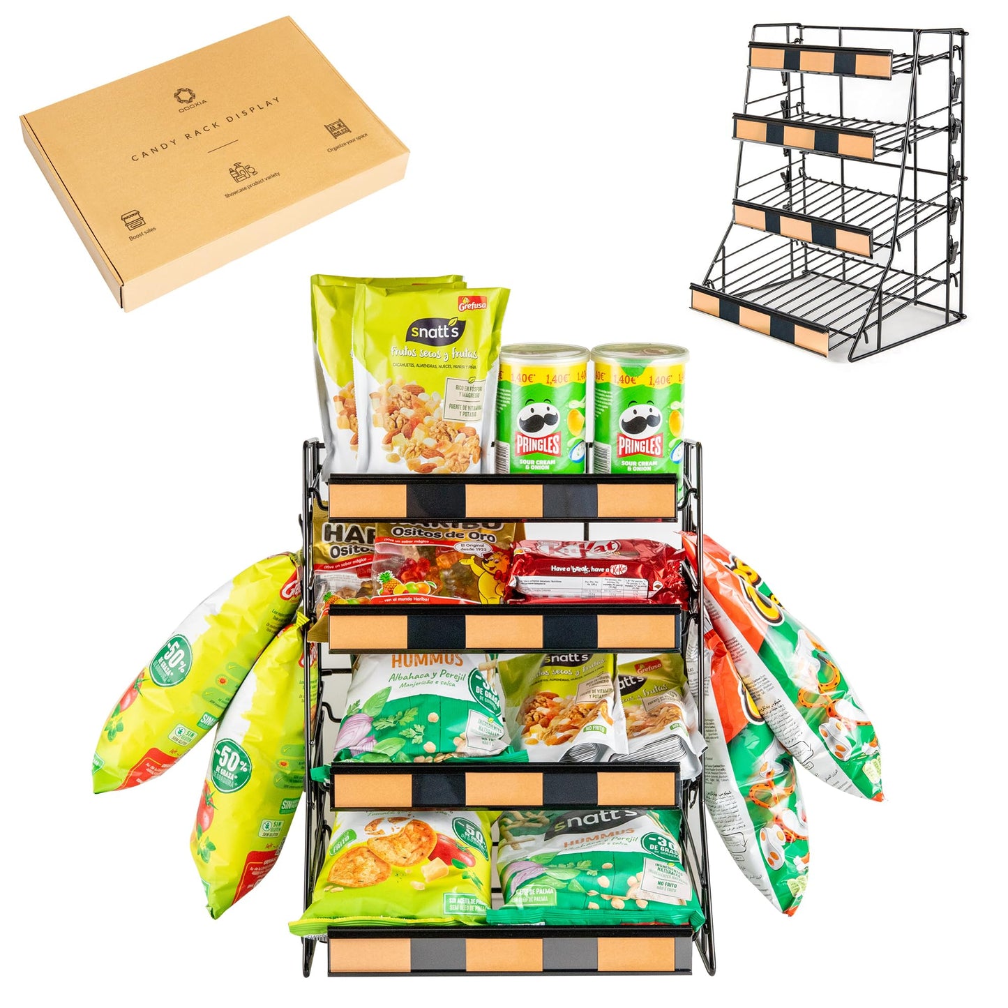 ODOXIA Candy Display Rack 4 Tier | Candy Organiser | Snack Organiser For Countertop | Snack Display For Counter | Stand For Stores And More