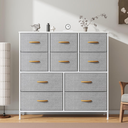 Feonase Chest of Drawers,Bedroom Tall Dresser with 10 Fabric Drawers, Metal Frame & MDF Wood Top, Adjustable Feet, Storage Organizer Unit for Bedroom,