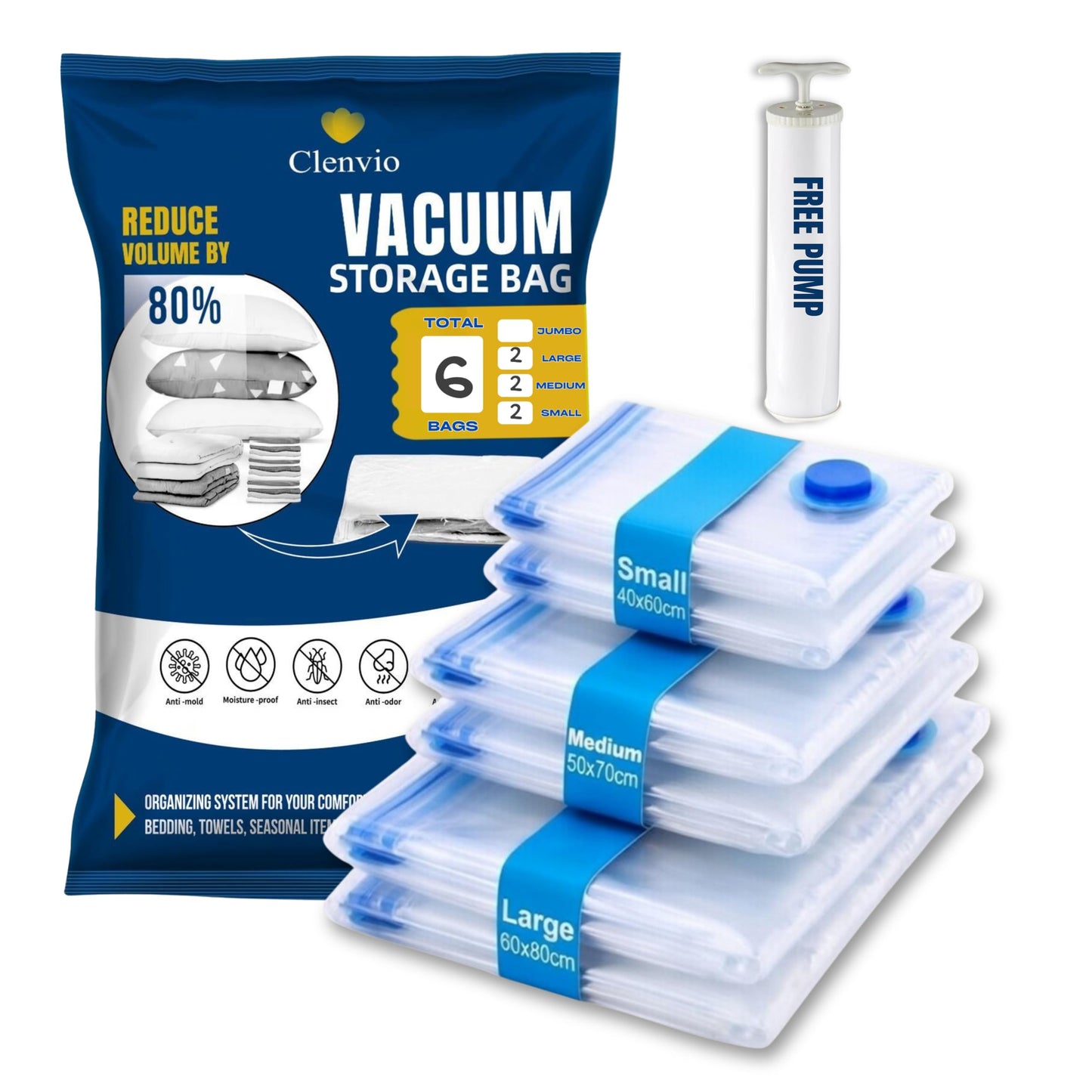Clenvio Vacuum Compression Storage Bags with Free Hand Pump, 6 Pack Mixed Sizes, Transparent, Airtight Seal, Space Saver Bags for Clothes and Bedding