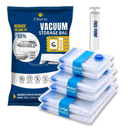 Clenvio Vacuum Compression Storage Bags with Free Hand Pump, 6 Pack Mixed Sizes, Transparent, Airtight Seal, Space Saver Bags for Clothes and Bedding