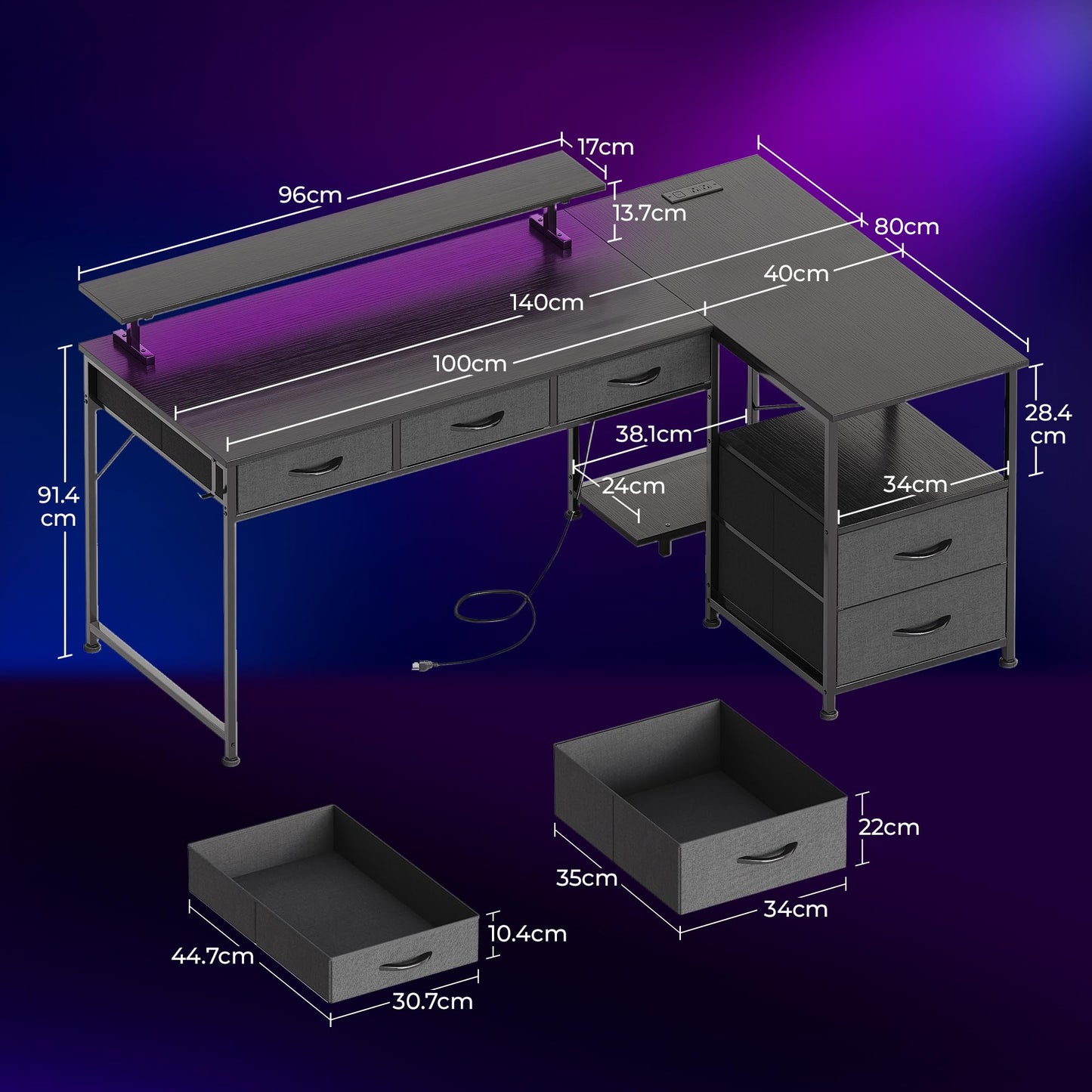Flrrtenv 140cm Large Gaming Desk with 5 Fabric Drawers, Home Office Work Desk with Power Outlets & Monitor Stand