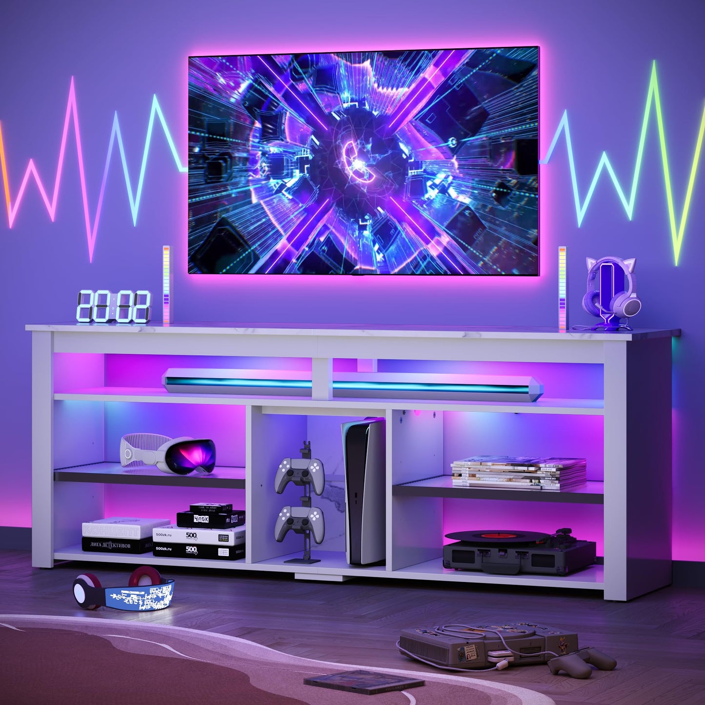 Bestier TV Stand for 70 inch TV, Tall Entertainment Center with 2 Led Lights, Gaming TV Console with Storage for PS5, Modern TV Cabinet for Bedroom