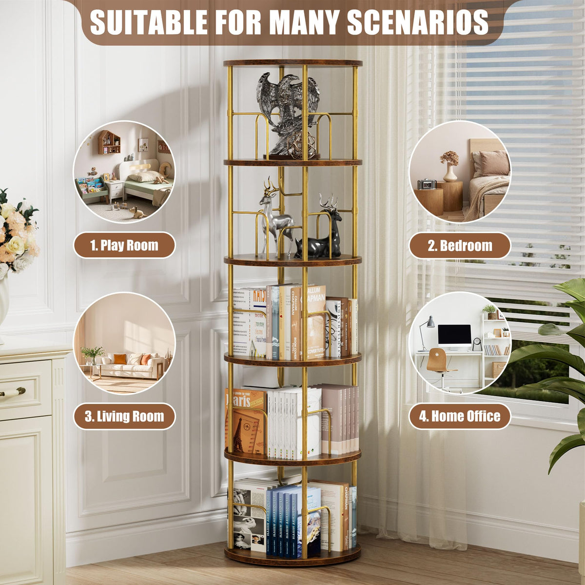OCTORO 5 Tier Rotating Bookshelf, 360° Corner Bookshelf Tower, Round Revolving Bookcase with Adjustable Levels, Spinning Book Shelf for Home Office
