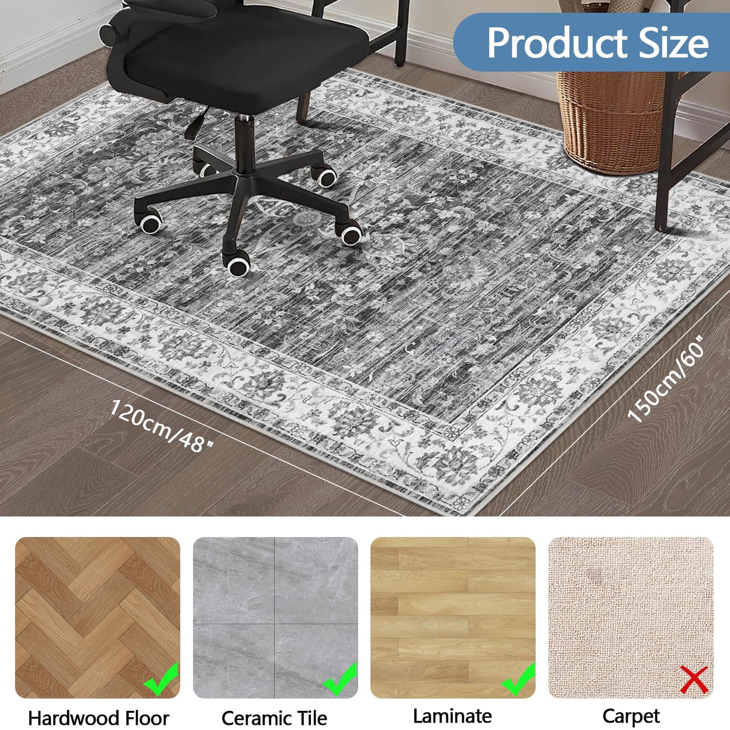 Office Chair Mat for Hardwood Floor, 120x150 cm Anti-Slip Computer Gaming Desk Mat, Multi-Purpose Floor Protector for Home Office Rolling Chair