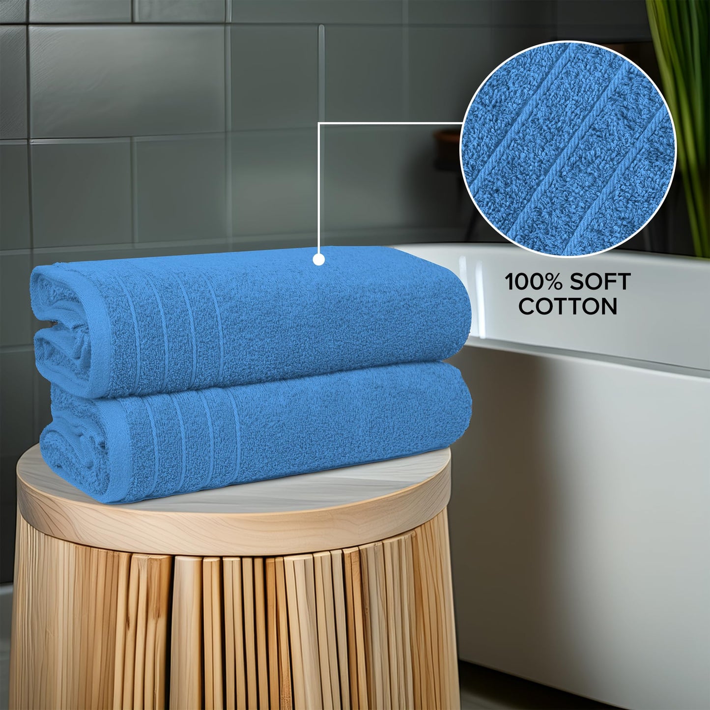 100% Cotton Extra Large Bath Towels Set of 4 (76x152cm) - Medium Blue