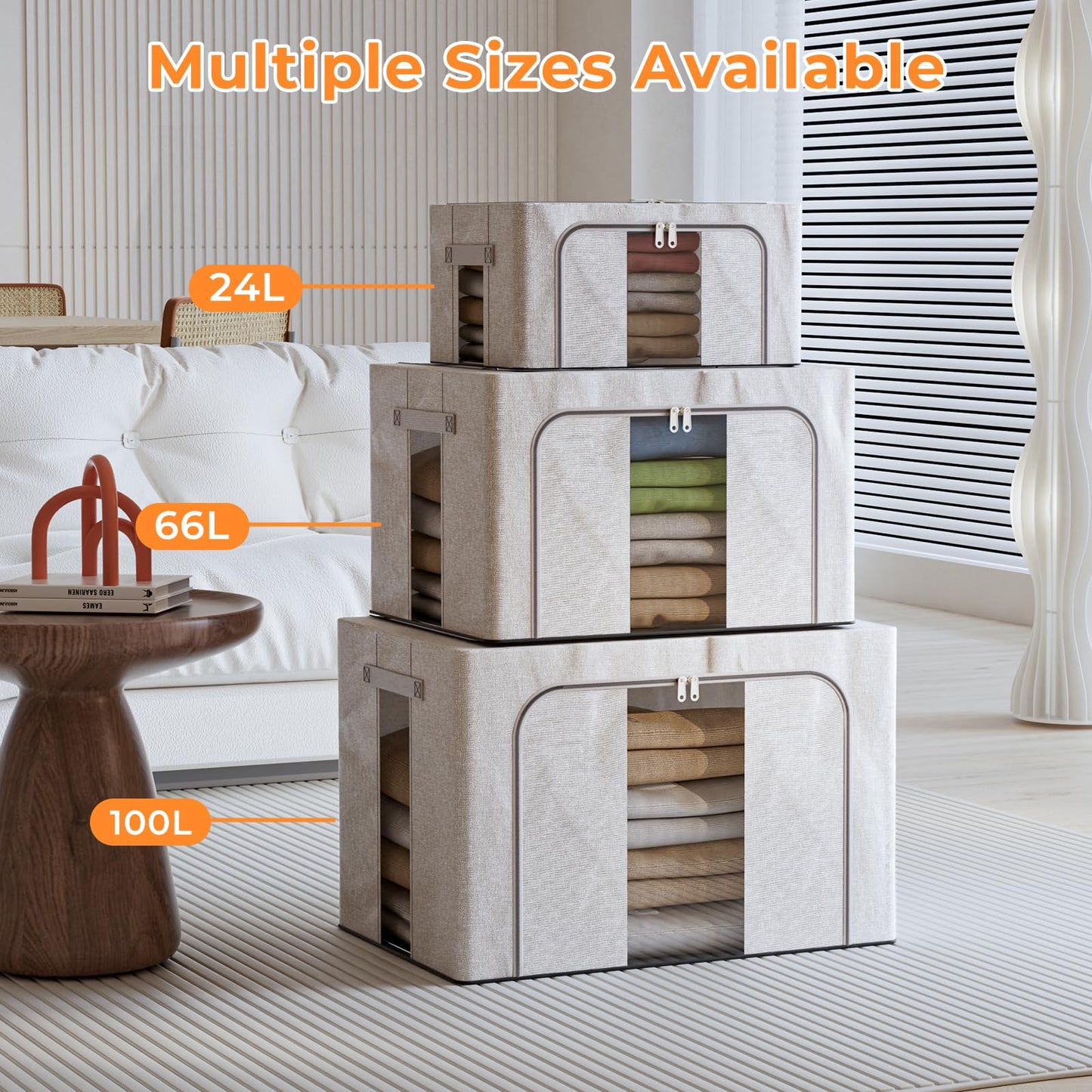 Boic 3 Pack Clothes Storage Boxes With Metal Frame, 100L Foldable Storage Boxes For Clothes