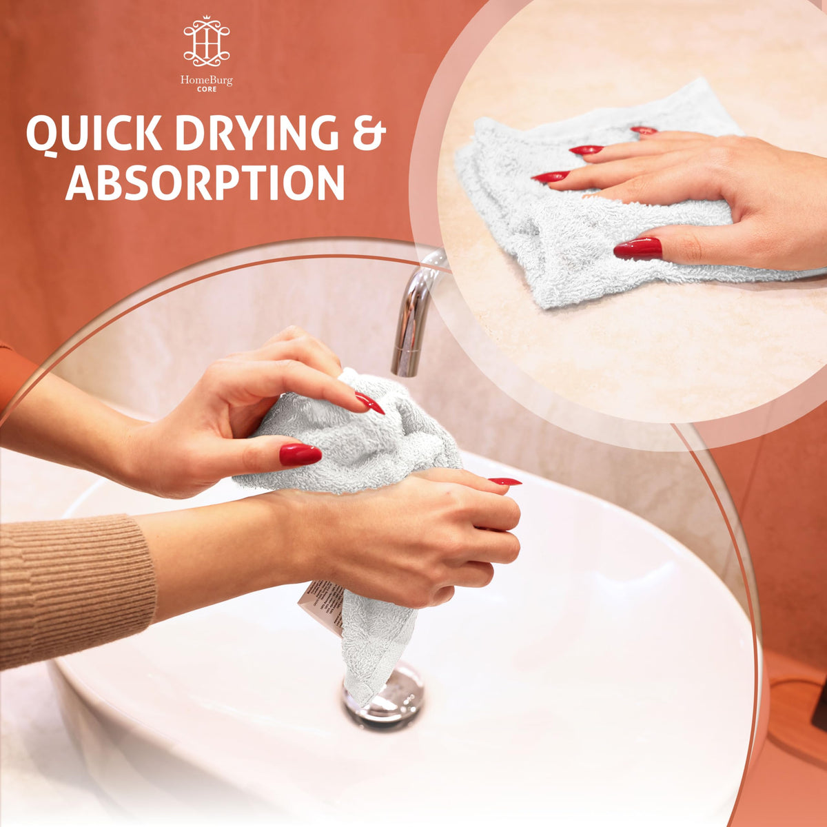 HomeBurg CORE 10-Piece Cotton Washcloths for Bathroom and Kitchen