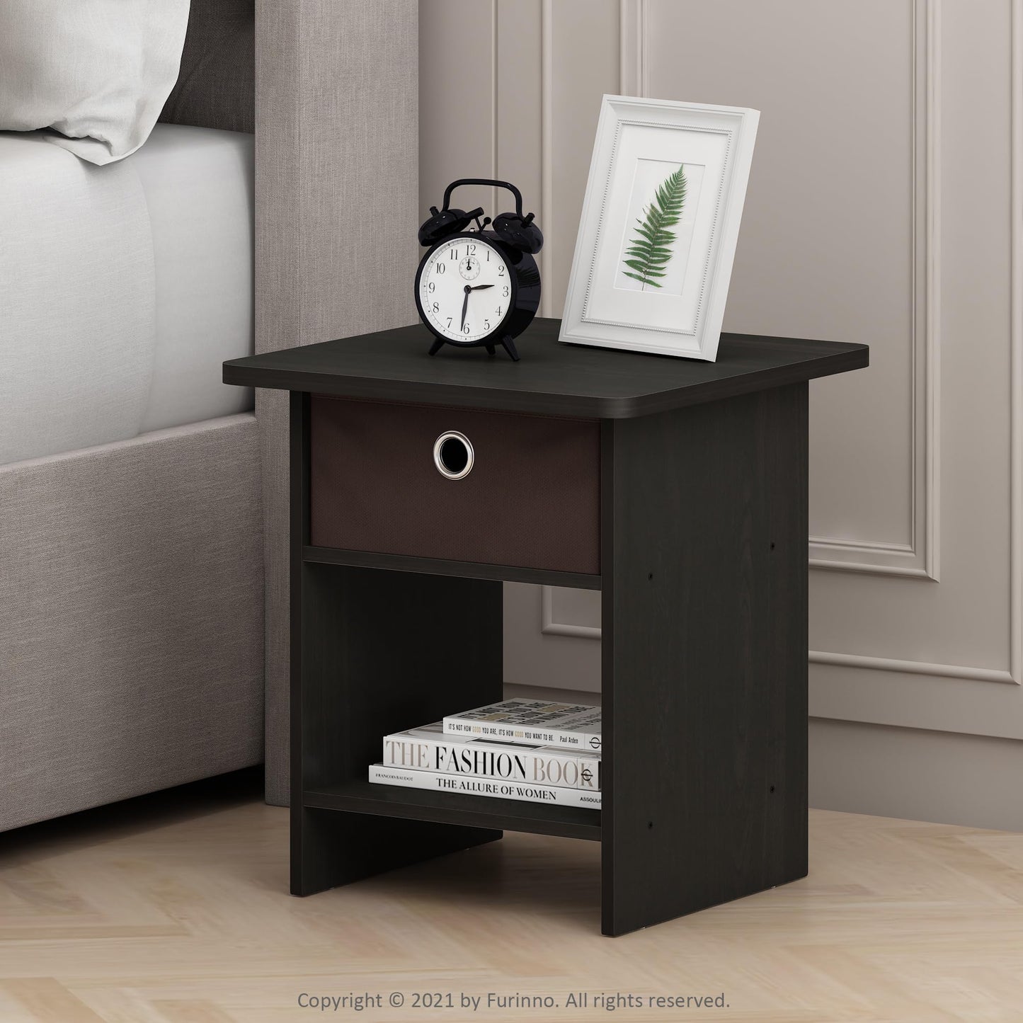 Furinno DARIO Side Table, Square End Table with Storage Bin, Round Corner Night Stand, Bedside Table with Open Back Shelf, for Living Room, Bedroom