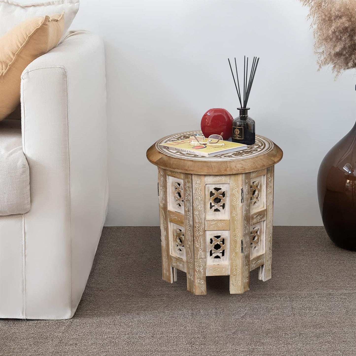 topfurnishing Beautiful Round Hand Carved Indian Shesham Wooden Coffee Table Side Table Beige Small 12"x12"x12" 30.5 cm