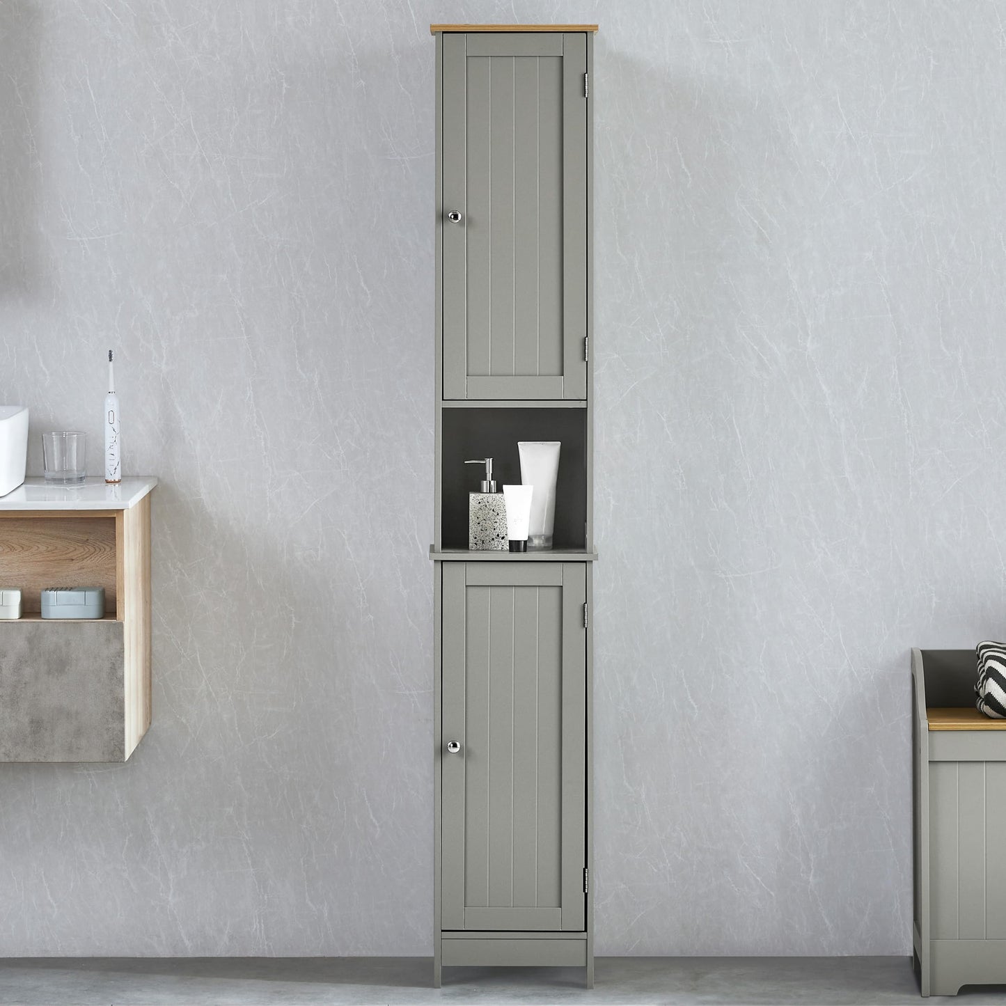 Bath Vida Priano Freestanding 2 Door Tall Storage Cabinet, Grey & Oak