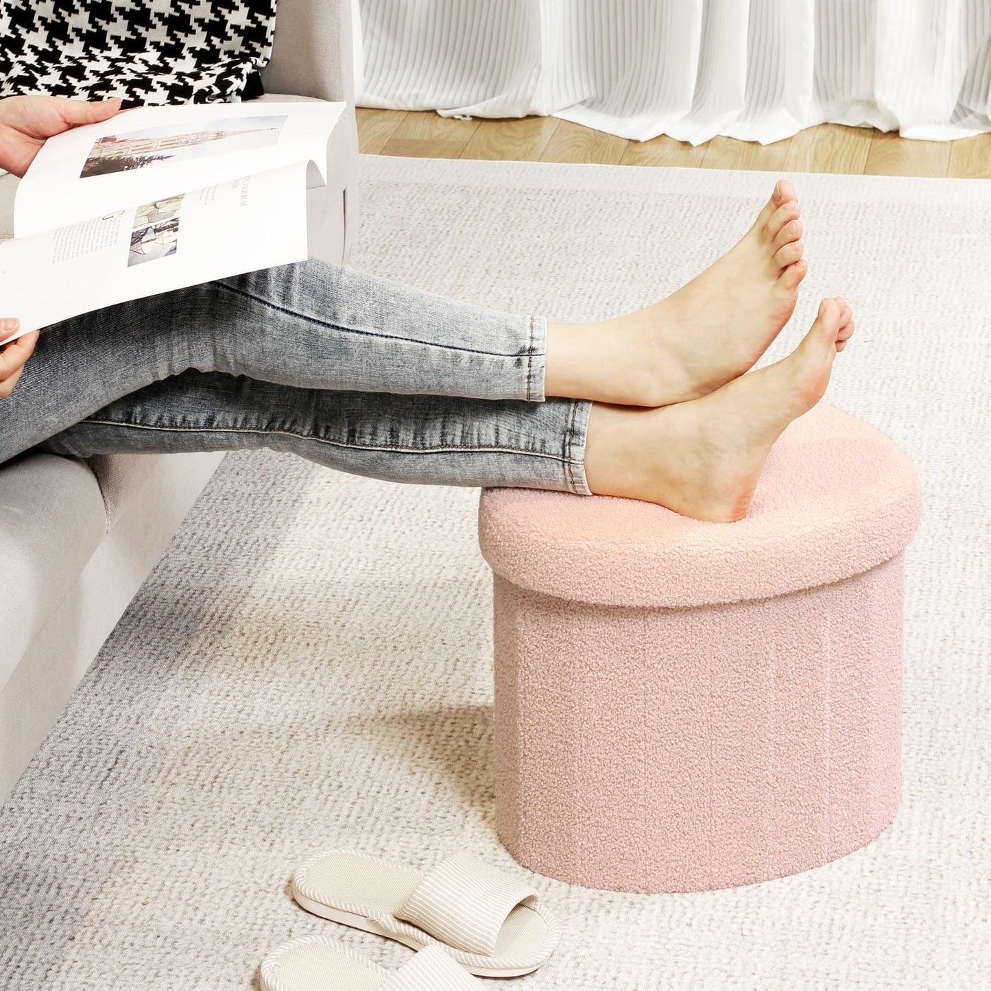 Bonlife Pink Boucle Ottoman with Storage,Foldable Footstool for living room,Toy Chest,Storage Seat,Teddy Heart Shape Footrest,38X38X32cm