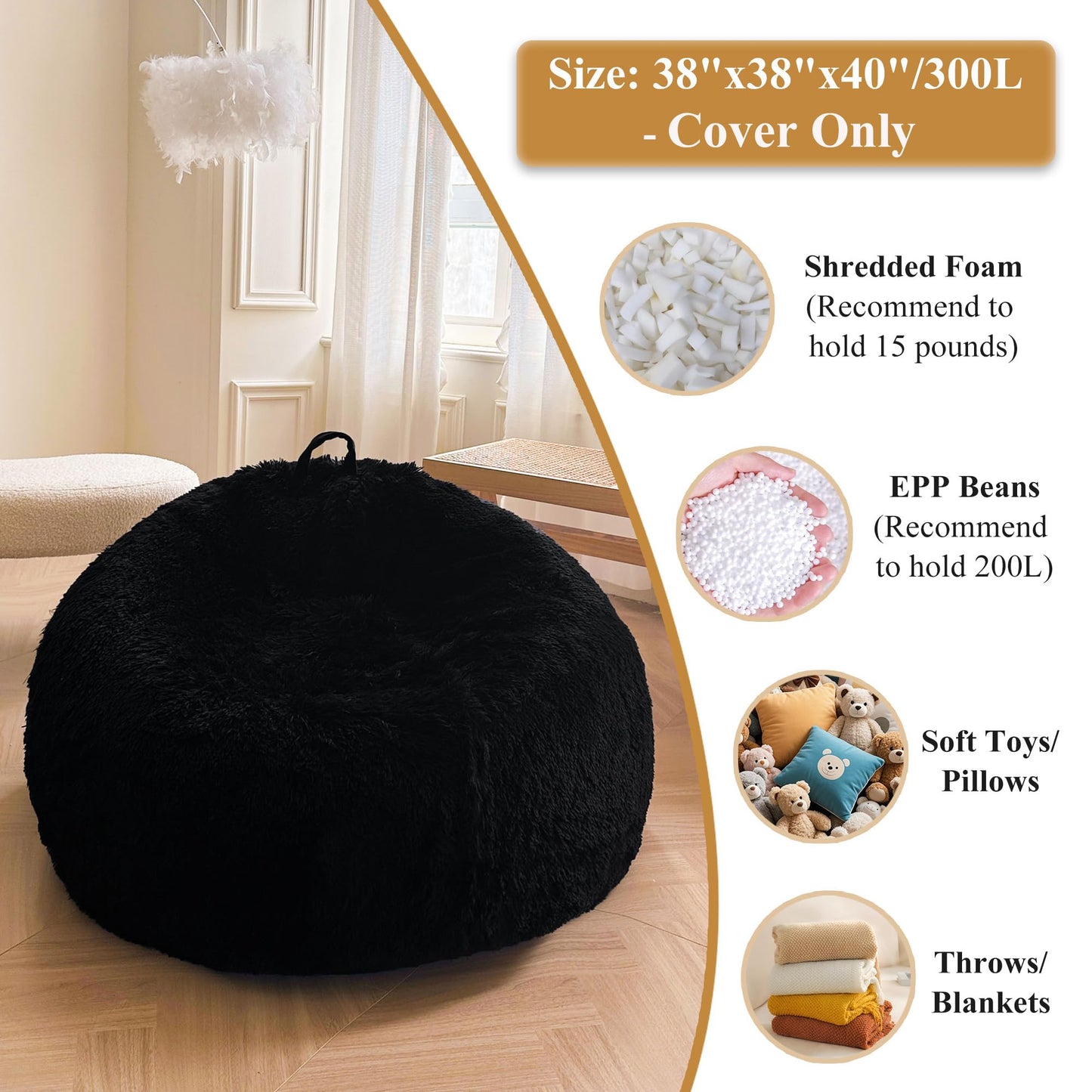 XeGe Soft Faux Fur Stuffed Animal Storage Bean Bag Cover(No Filler), Black