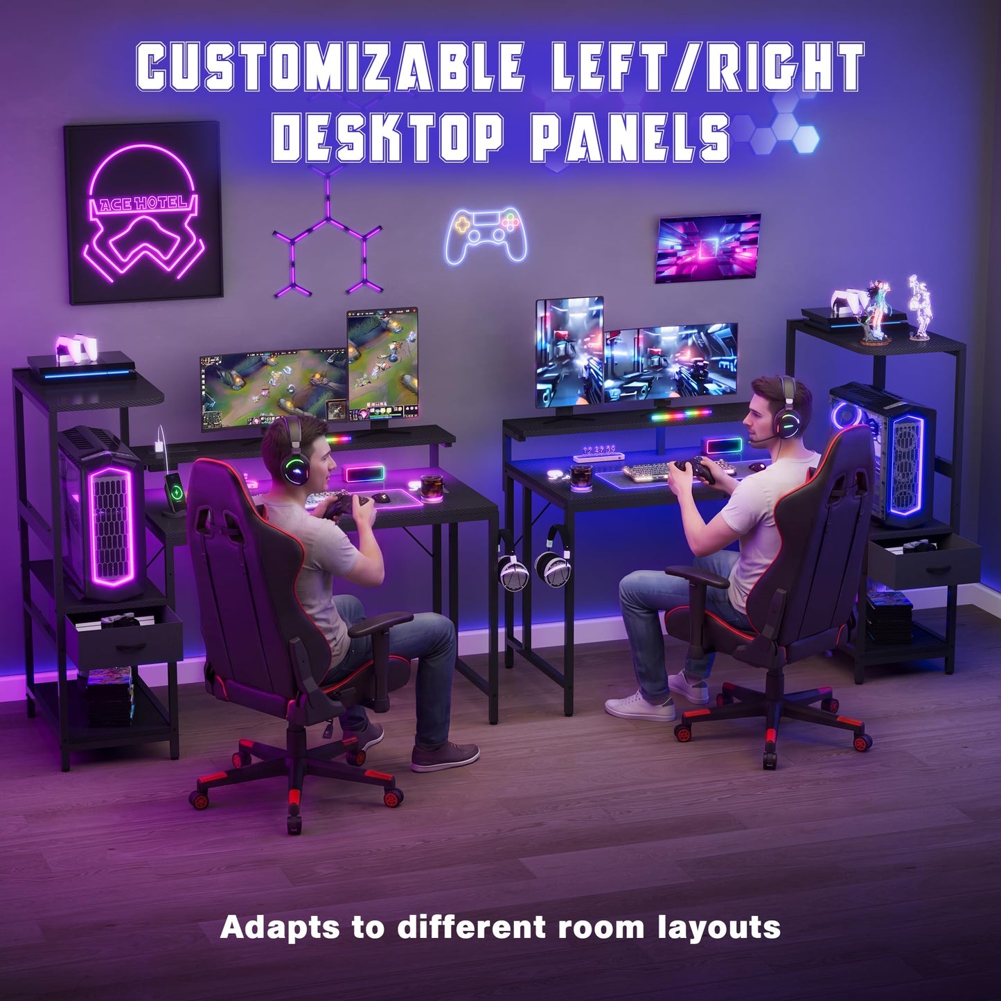 JUMMICO 140×60cm Gaming Desk with Power Outlet & LED Lights, Reversible L-Shaped Computer Desk with Monitor Stand, Storage Drawer & Shelves