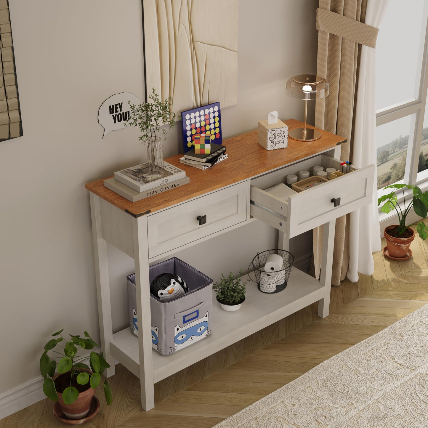 Trironsun Farmhouse Console Table with 2 Drawers for Entryway Rustic Hallway Table with Wooden Frame and Open Storage Shelf Sofa Table for Bedroom or