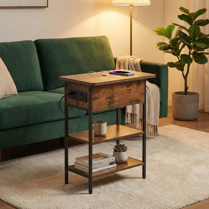 FurnitureR Industrial Slim Side Table Narrow Bedside Table Nightstand with USB and Power Outlets, 3-Tier Storage Shelves, Rustic Brown with Storage