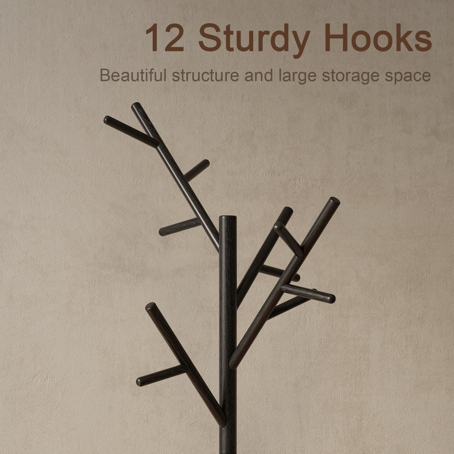 AQIMUELE Coat Stand, Wooden Coat Rack, Freestanding Stand with 12 Hooks, 3 Heights for Clothes, Hats, Bags, Coat Stands for Hallway, Small Space