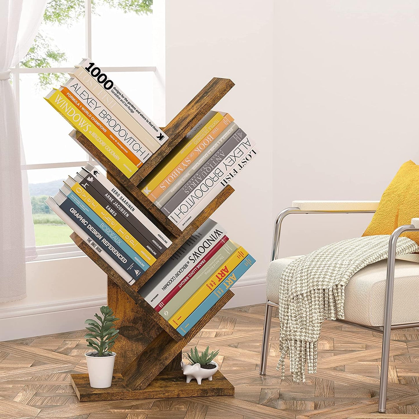 Hoctieon 4 Tier Tree Bookshelf, 4 Shelf Bookcase, Modern Book Storage, Free Standing Tree Bookcase, Utility Organizer Shelves for Home Office