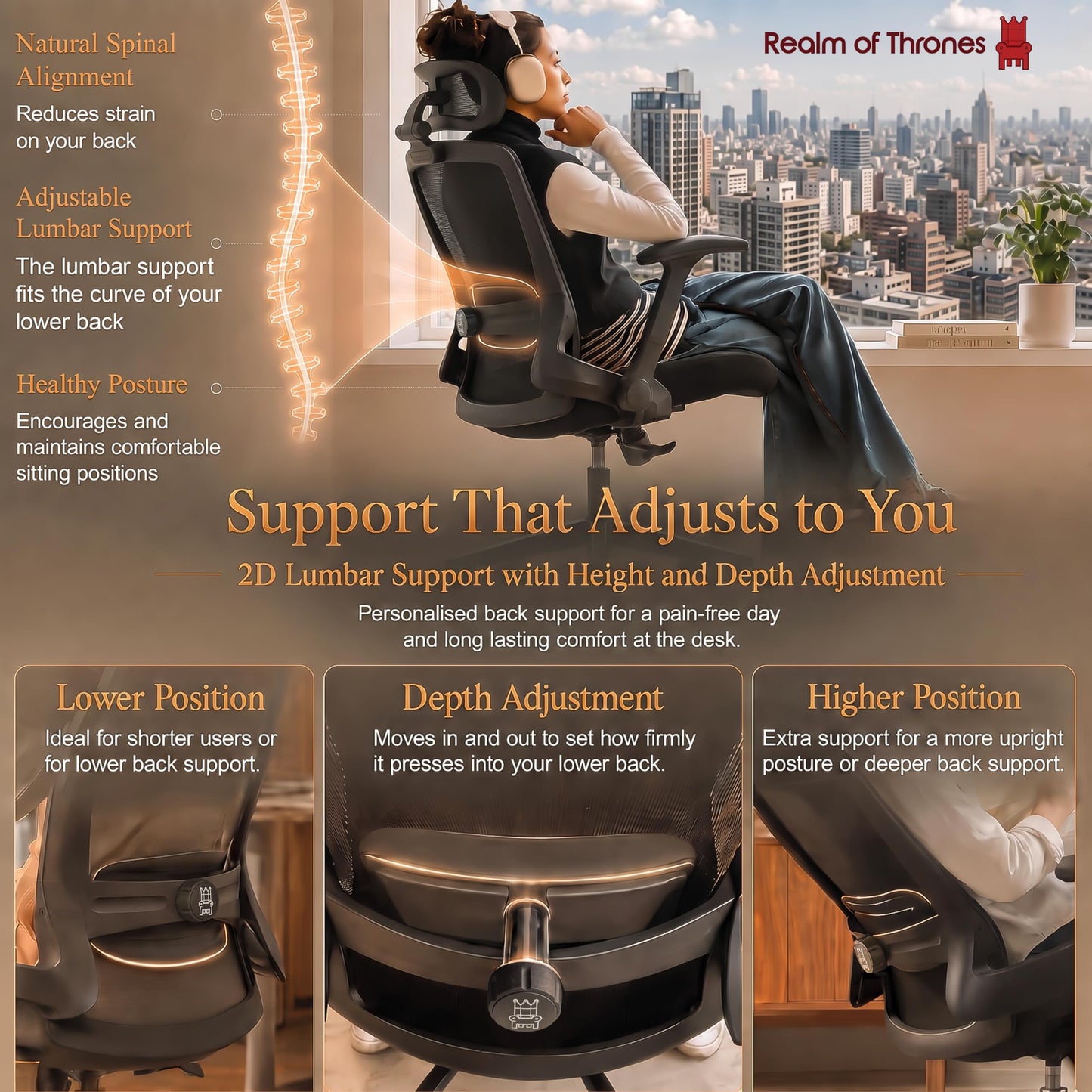 Realm of Thrones Ergonomic Office Chair, 2D Flip-Up Armrests, Small Spaces