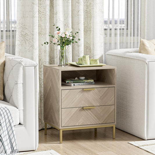 Yvsevnr Modern Bedside Tabls with Drawers Wood Bed Side Table for Bedroom Living Room Office Herringbone Small Chest of Drawers with Open Compartment