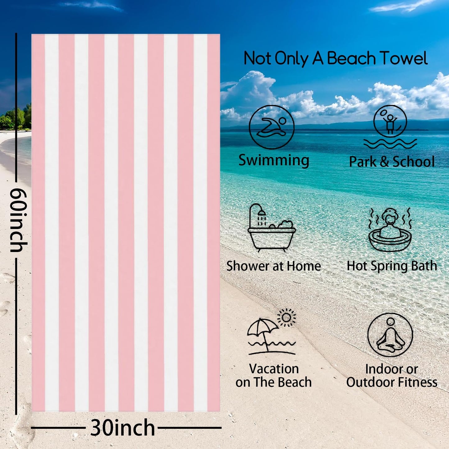 YUAOEUR Pink Stripe Beach Towel for Adults Kids Women Men (30x60 inch,77x153cm) Large Microfiber Beach Towels for Travel,Pool, Sport, Hotel,Beach