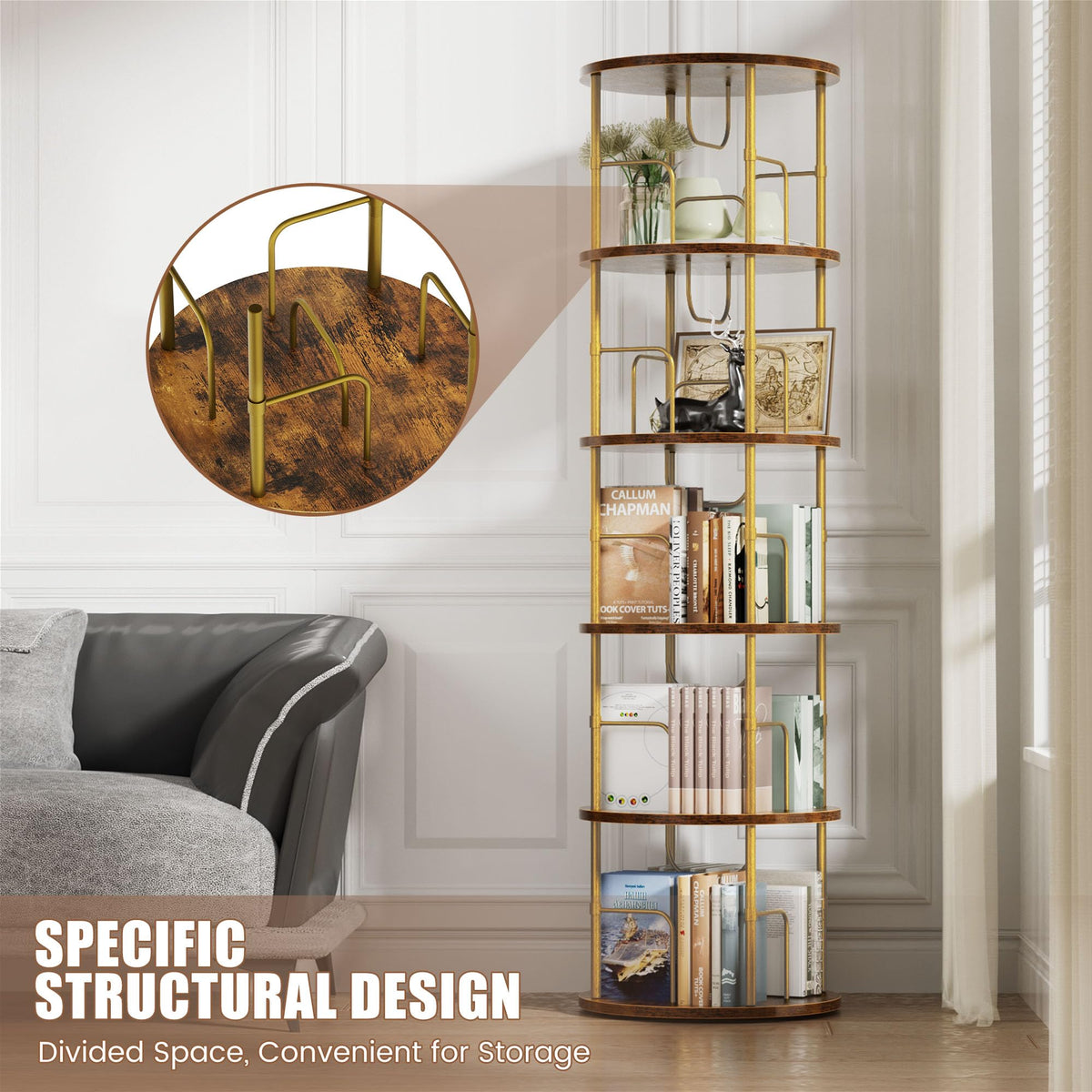 OCTORO 5 Tier Rotating Bookshelf, 360° Corner Bookshelf Tower, Round Revolving Bookcase with Adjustable Levels, Spinning Book Shelf for Home Office