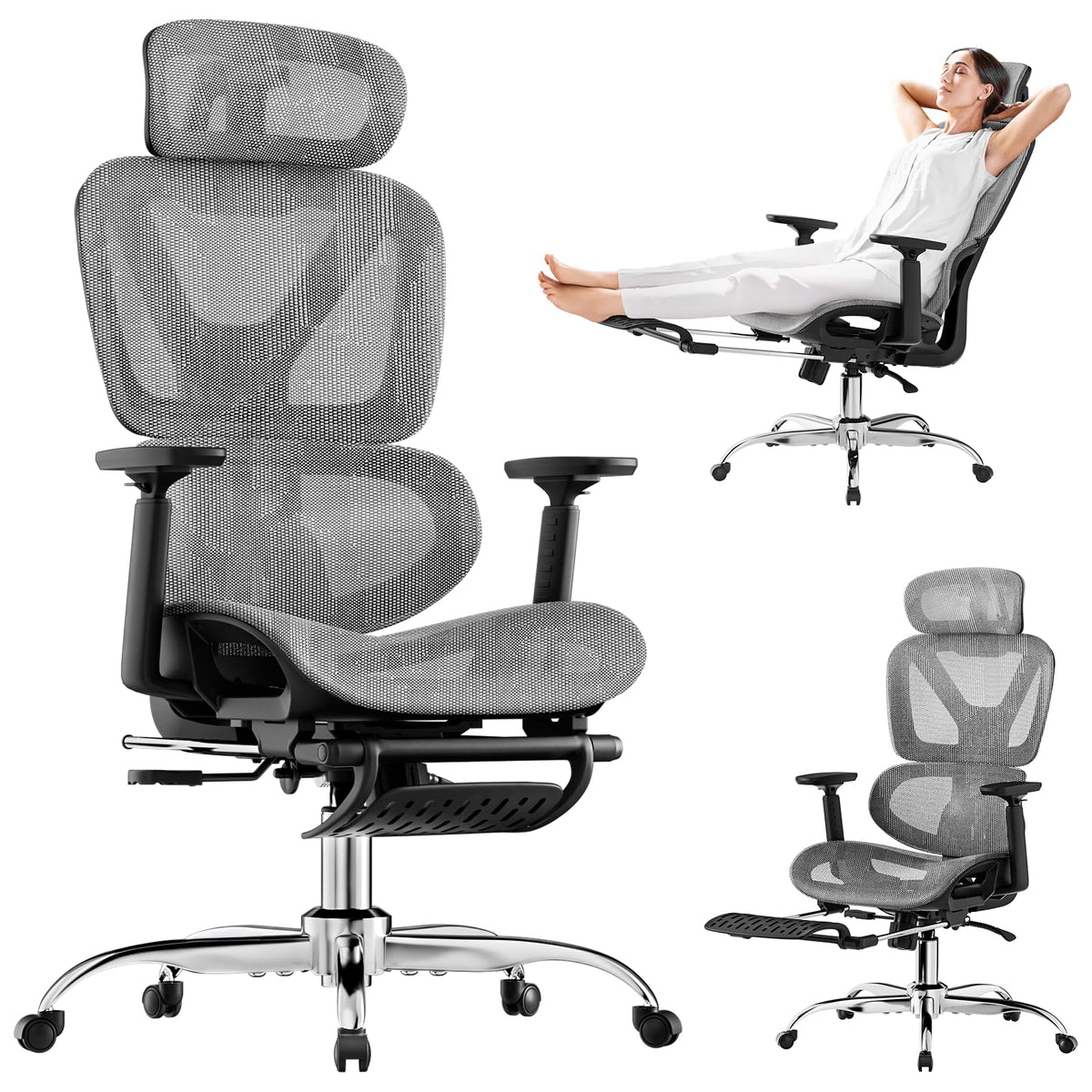 Ergonomic Office Chair, Mesh Desk Chair with Footrest, 90-135° Recline Home Chairs with Dynamic Lumber Support, 4D PU Armrest & Adjustable Headrest