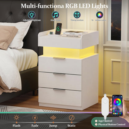 Quikraen White Bedside Table with LED, Charging Station and Lockable Drawer