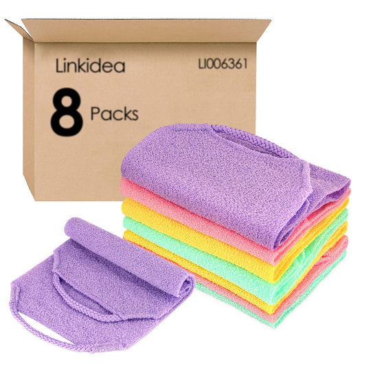 Linkidea 8 Pack Stretchable Pull Strap Exfoliating Towel Bulk Pack, Wholesale Multi-Pack Exfoliating Back Scrubber with Handles, Scrub Bath