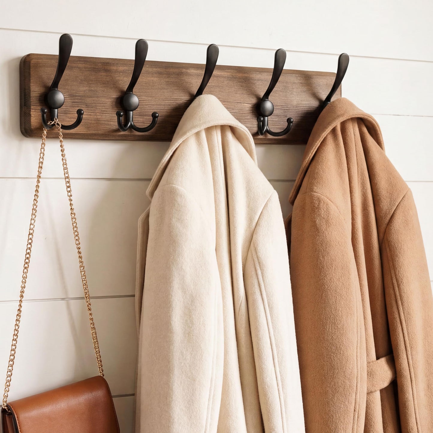 WEBI Coat Rack Wall Mount,Wood Coat Hooks Wall Mounted,16" Hole to Hole,Coat Hanger Wall,Hook Rack Rail,5 Triple Hooks for Hanging